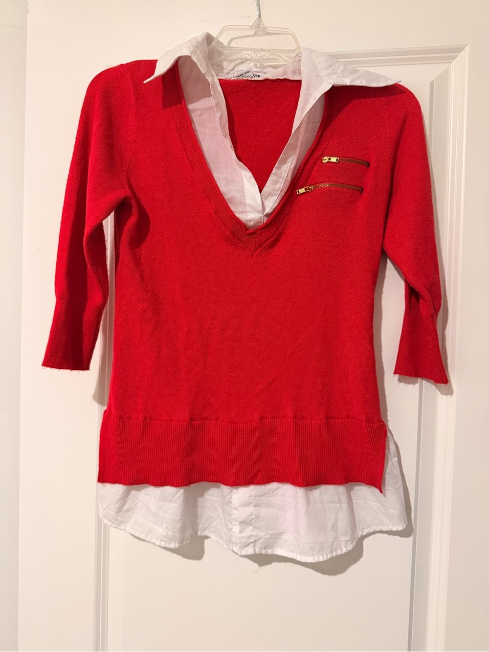 Body Central Red V-Neck Layered Sweater with White Shirt Hem